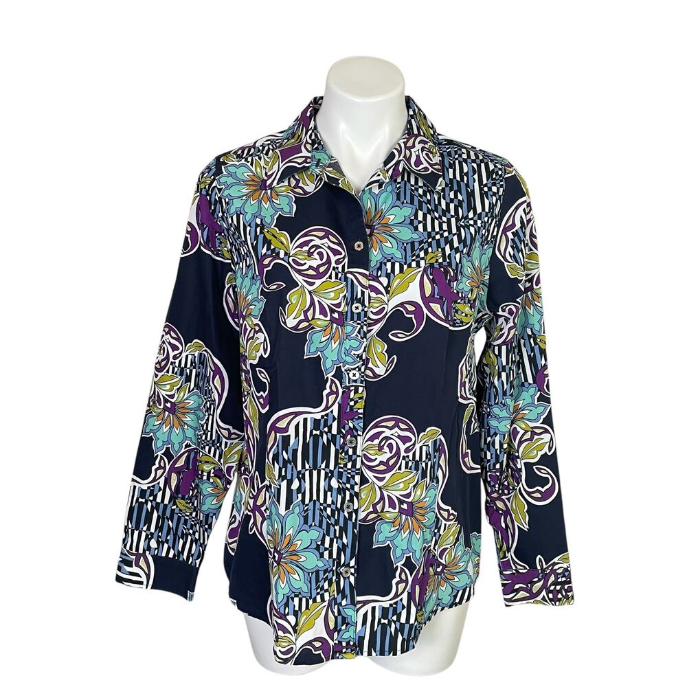 Chico's | Women's Blue and Purple Retro Floral No-Iron Button Down Top | Size: M